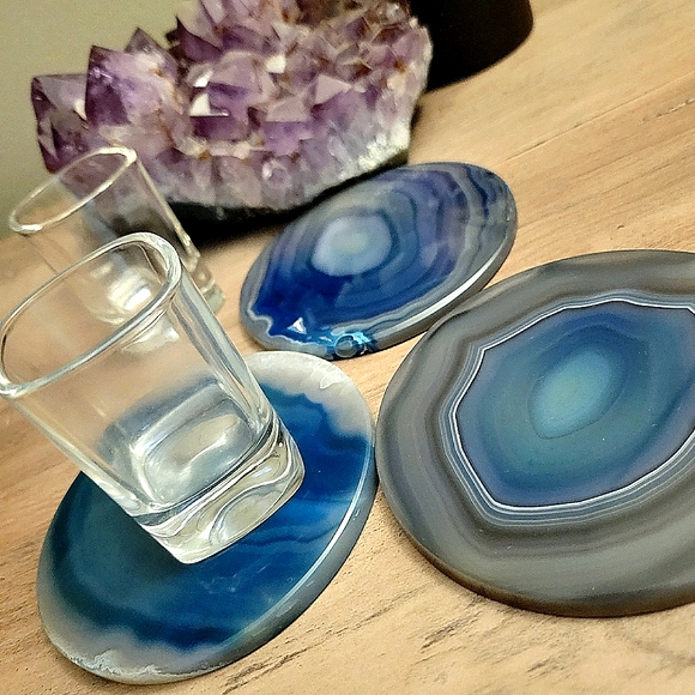 Set of 3 Perfectly Round Marine Blue ~ GENUINE Agate Coasters Slices